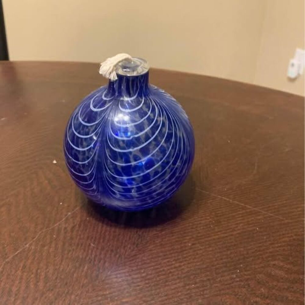 Hand-Blown Cobalt Blue Glass Oil Lamp with White Swirls